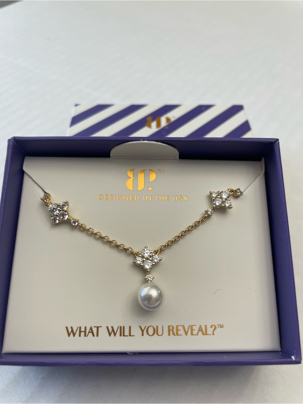 Bomb Party Necklace NK25489 “We Live for The Sparkle” Gold/Pearl & CZ NIB